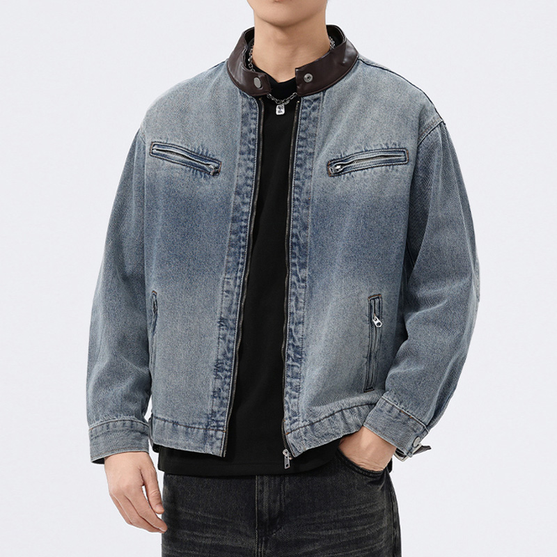 Men'S Fashion Leather Jacket - Stand Leather Collar Denim Jacket Men