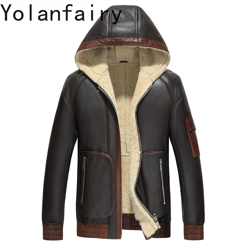 Men'S Fashion Leather Jacket - YOLANFAIRY Natural Wool Fur Coat Man