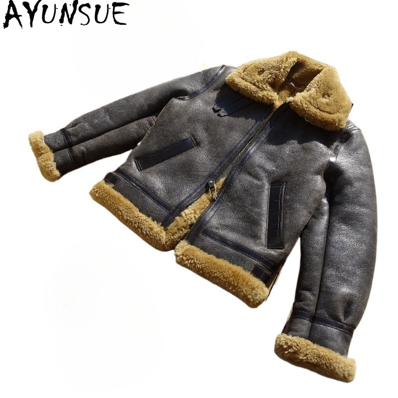 Men'S Fashion Leather Jacket - AYUNSUE Natural Wool Fur Coat Man