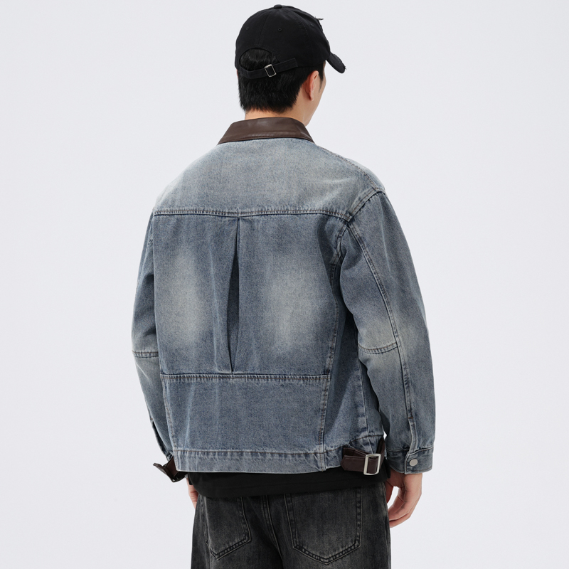 Stand Leather Collar Denim Jac - Men'S Fashion Leather Jacket ulasan dan harga
