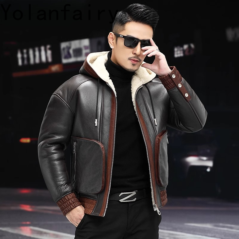 YOLANFAIRY Natural Wool Fur Co - Men'S Fashion Leather Jacket ulasan dan harga