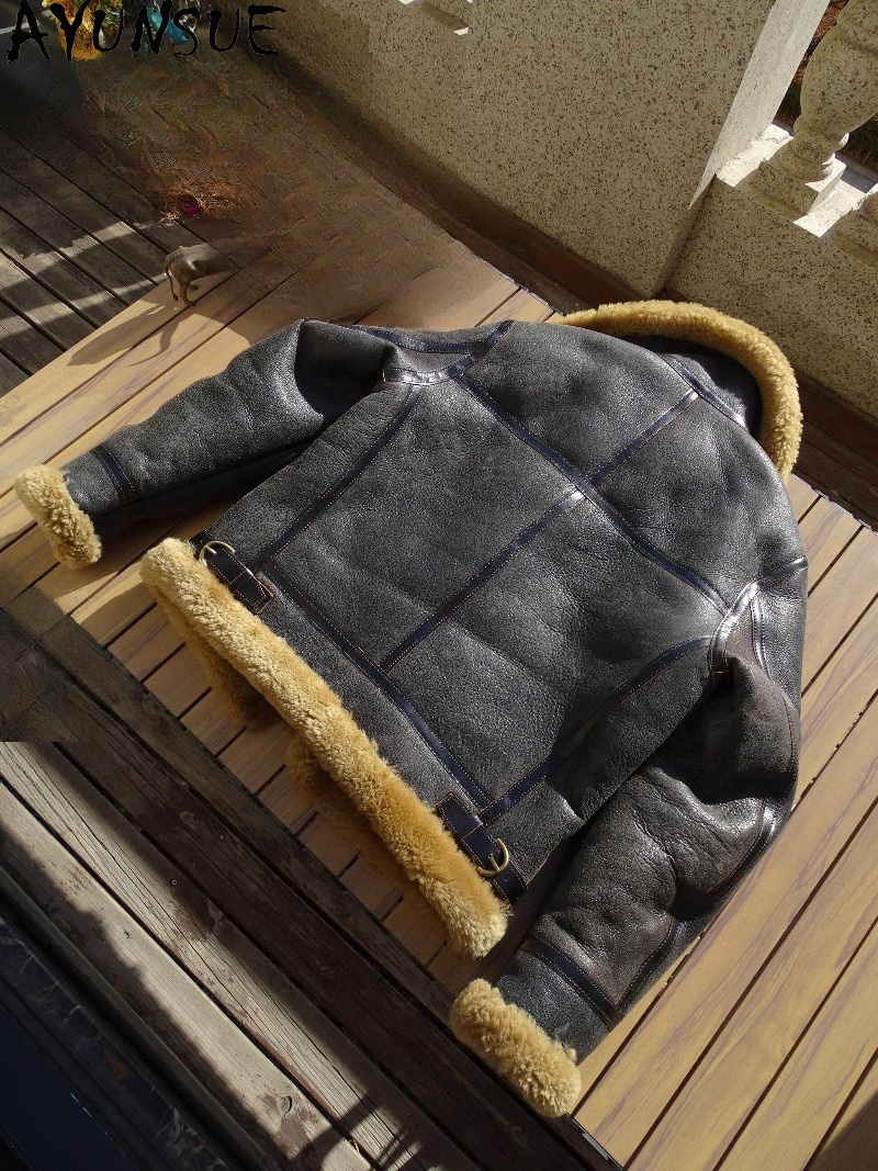 AYUNSUE Natural Wool Fur Coat  - Men'S Fashion Leather Jacket ulasan dan harga