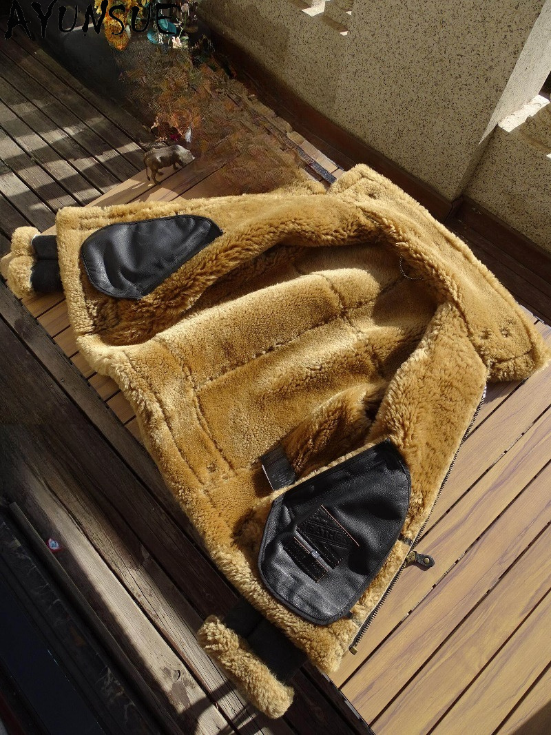 AYUNSUE Natural Wool Fur Coat  - Men'S Fashion Leather Jacket ulasan dan harga